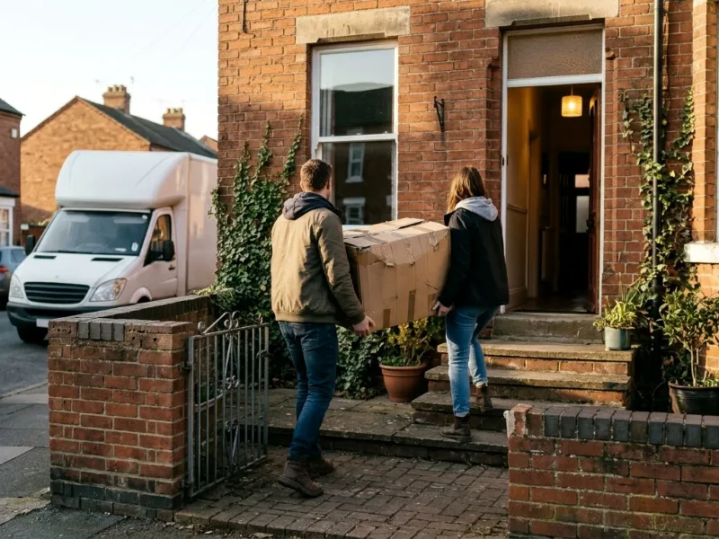 Couple seen from behind carrying a box up the steps into a red-brick house, a van parked at the kerb