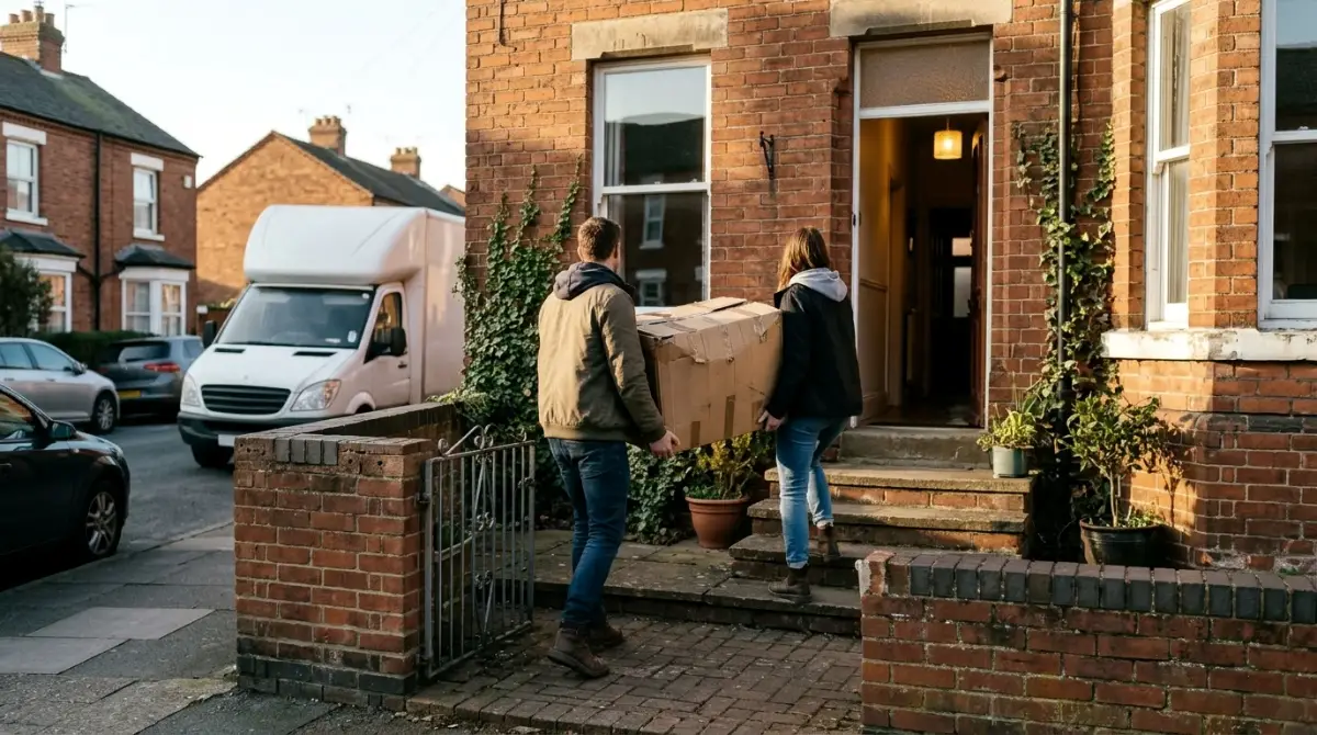 Couple seen from behind carrying a box up the steps into a red-brick house, a van parked at the kerb