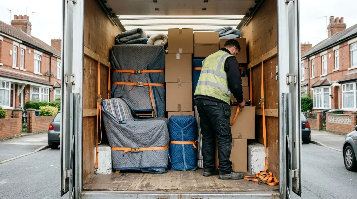 Back of a removal van loaded with blanket-wrapped furniture and boxes strapped to the side rails