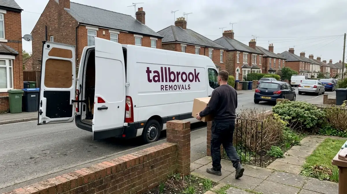 Mover carrying a box down a garden path to a white Tallbrook Removals van with its rear doors open